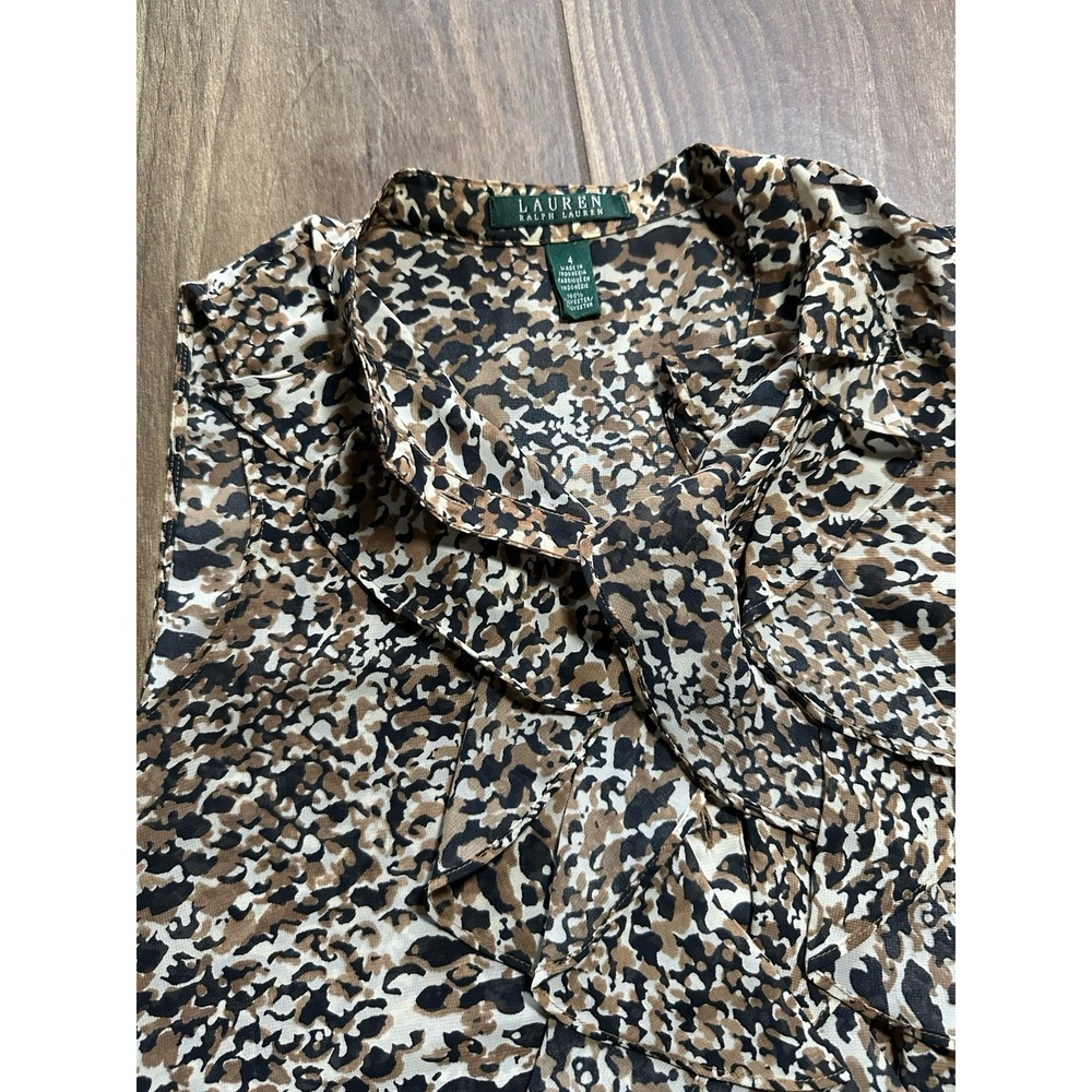 Lauren Ralph Lauren Animal Print Ruffle Tie Neck Sleeveless Blouse Brown Black 4